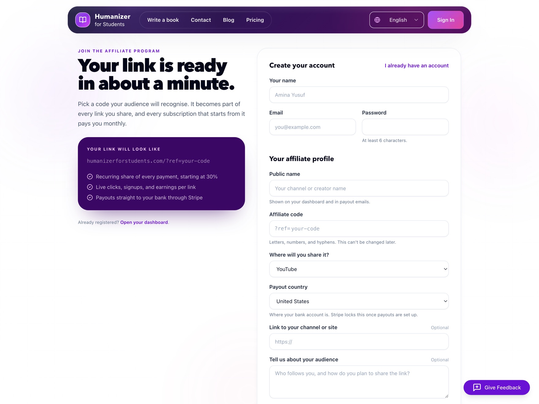 The affiliate registration form, with the link preview and code availability check