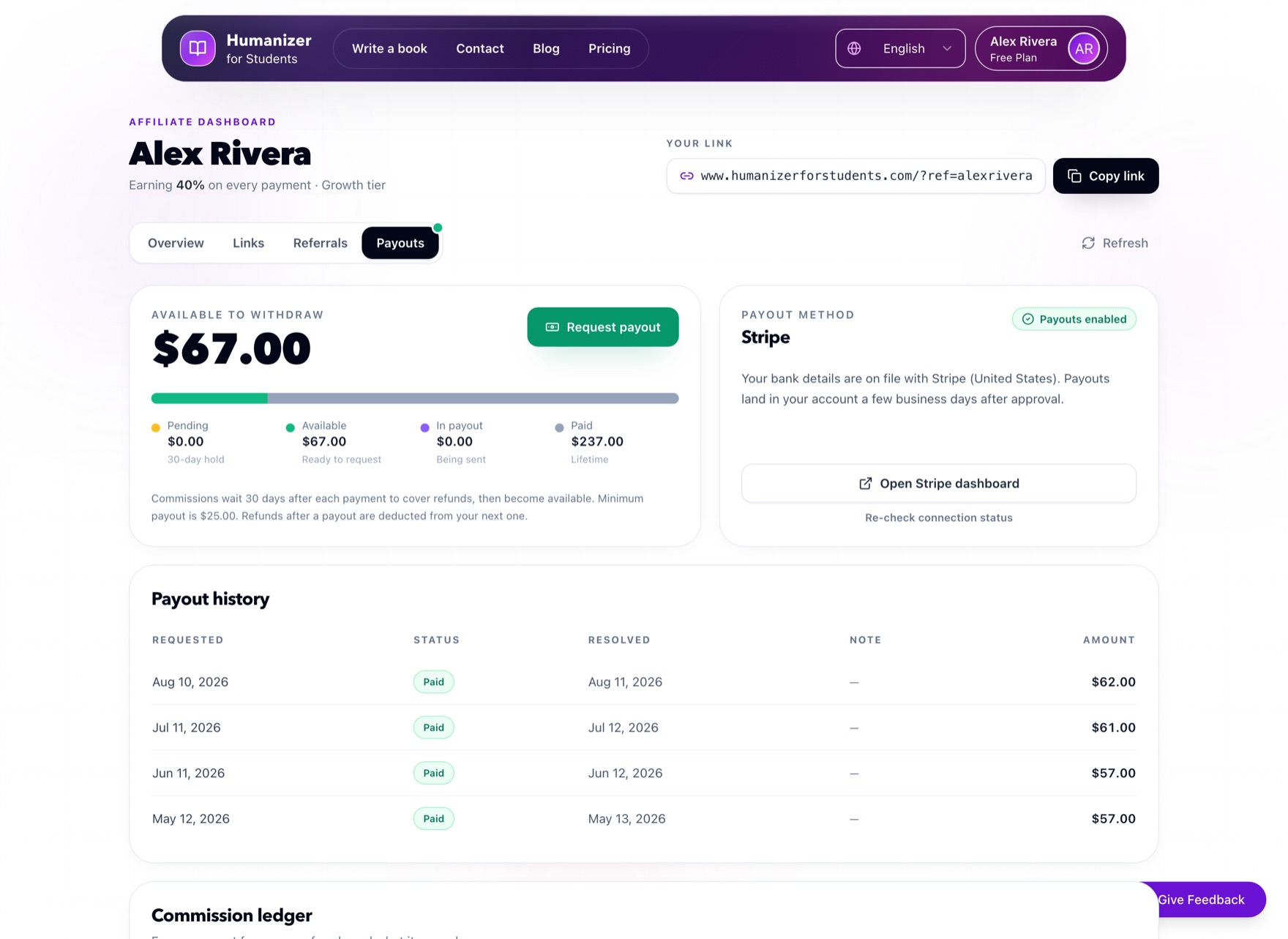 The Payouts tab showing available balance, Stripe connection and payout history