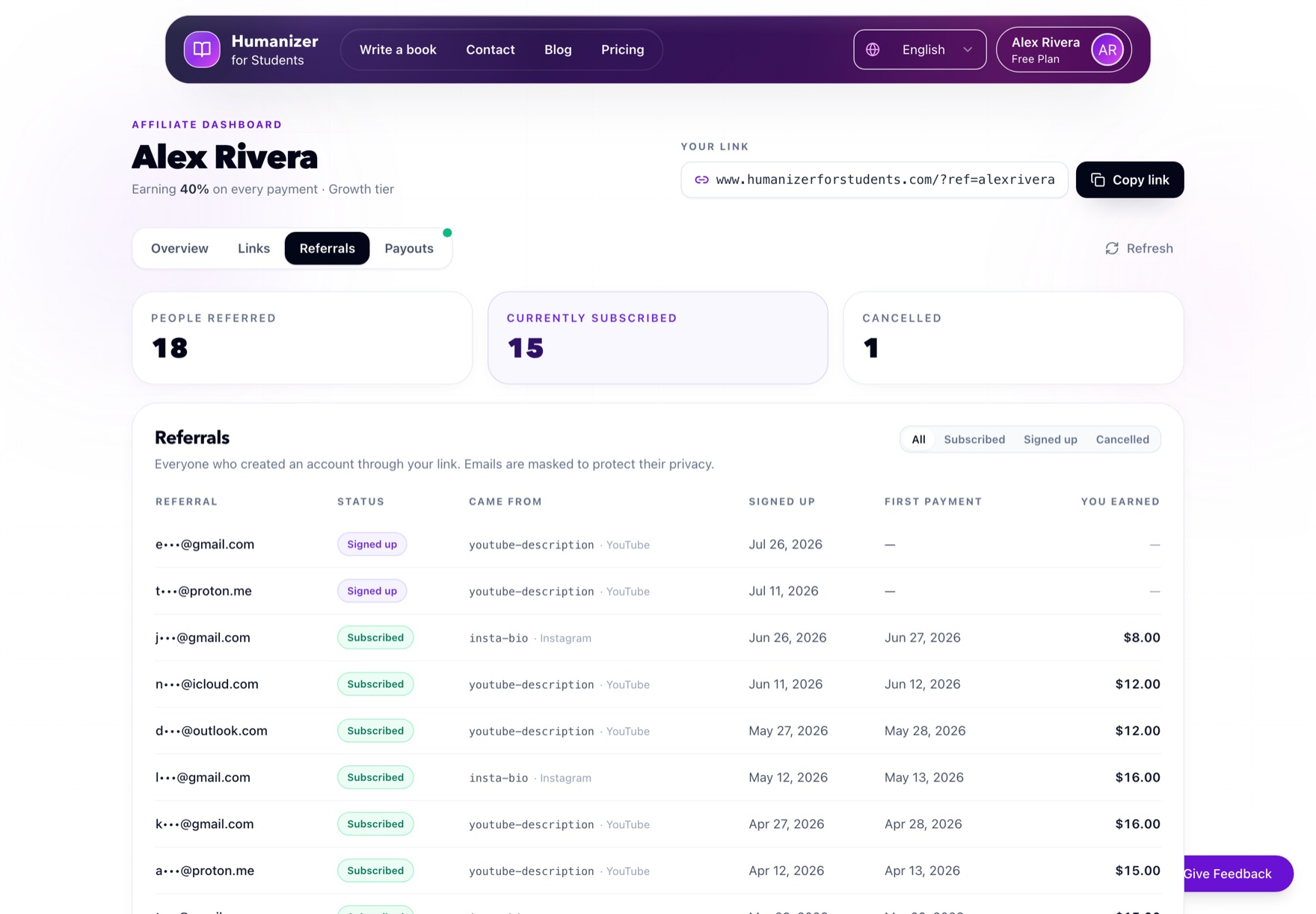 The referrals tab of the affiliate dashboard